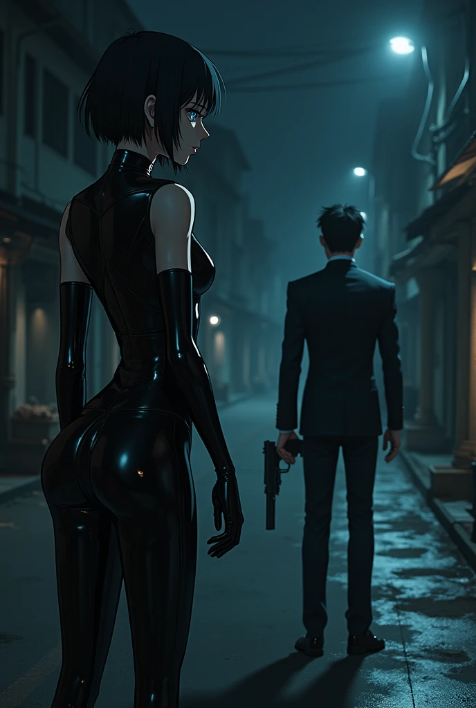 The image is anime style with shadows and dim lights, anime style although somewhat adult and dark, It shows a female android with short black hair and a latex suit and one blue eye and the other brown., approaching a man who is standing with his back turned holding a gun pointed at his own head. The man is pointing the gun at himself. The stage is a street. They are far away from each other