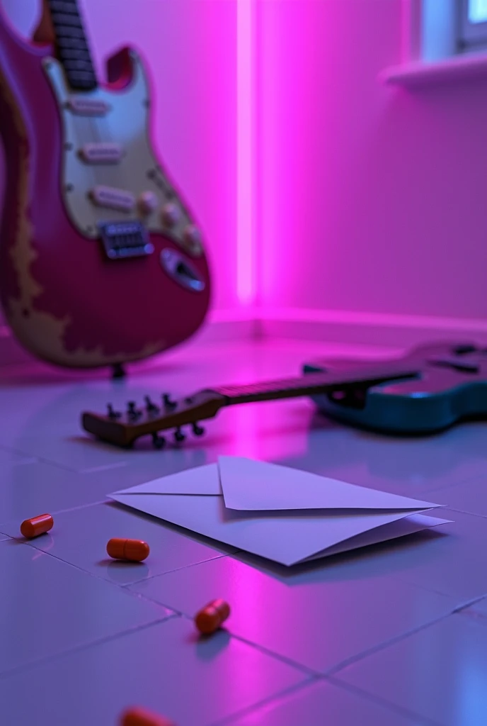 An envelope with a letter on a white floor along with an electric guitar and orange medicine pills lying on the side with purple neon lighting
