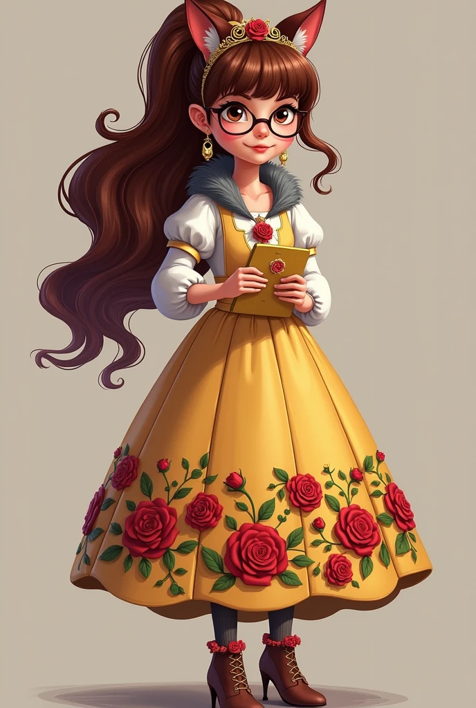 Imagem da filha da Ramona Badwof e da Rosabella Beauty de Ever After High: Must have a long wavy brown ponytail with bangs with red highlights in the hair, first of all, light brown eyes, brown glasses with a red rose, long white blouse with red roses and green leaves on the blouse and sleeves, golden skirt with golden roses, a faux fur collar around the neck of gray color, brown high heel boots with roses, golden flower tiara on head, wolf earrings, wolf pendant and a yellow tablet with red roses in hands, without wolf ears on her head She should have red highlights in her hair