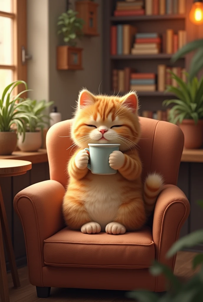 A Scottish Fold cat drinks coffee in a cozy cafe