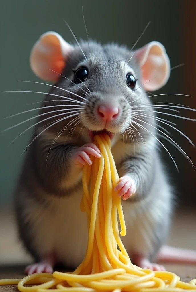 Funny rat eating spaghetti, looks like a hamster, and it&#39;s like a profile picture, It&#39;s not a cartoon but a real-looking photo, The rat is grey and its whiskers are white., It&#39;s not so cute, but it has its charm, and it doesn&#39;t have very bright colors either