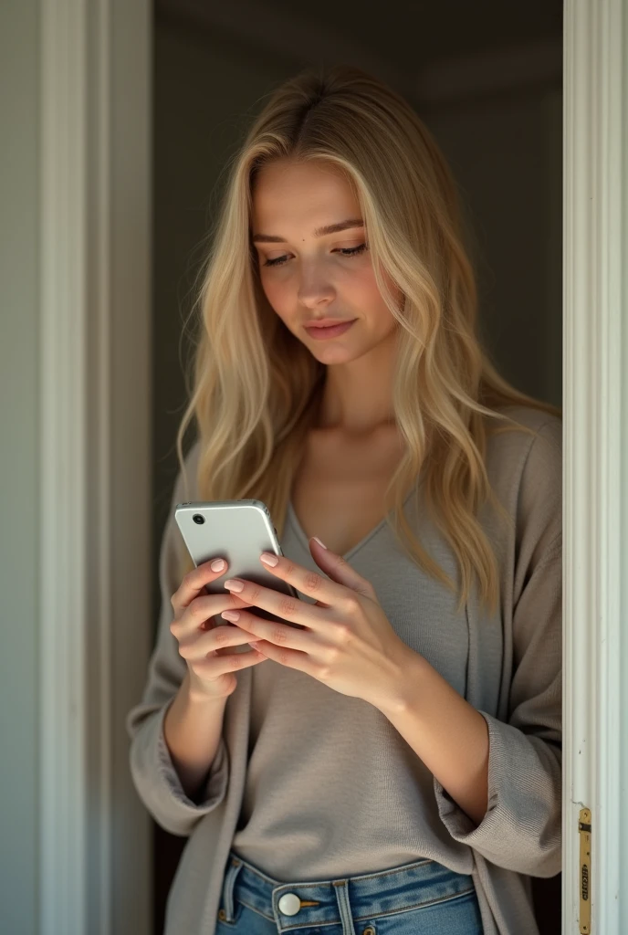 blonde white woman closing a door looking at phone