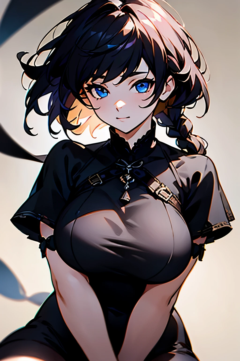 (full body), ((wind)), ((upper body)), ((thick thighs)), ((close-up)), (portrait) (((masterpiece))), (highest quality), ((perfect face)), very deep eyes, (cinematic lighting), detailed eyes, best quality, sidelight, highres, (intricate details), detailed finger, (illustration:1. 1), highres, (beautiful face:1. 15), trending on artstation, superb, 8k wallpaper, extremely detailed, intricate, award-winning, hyper-detailed, photorealistic background, braided hair, braid visible, big breasts , black costume , white shirt ,black thigh