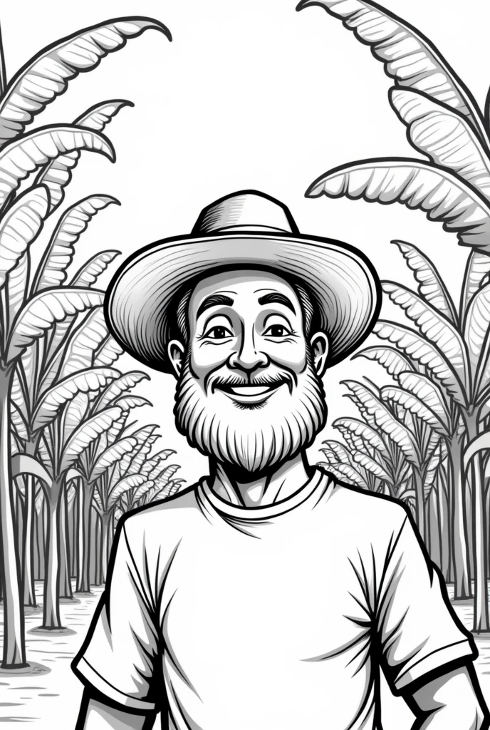 Easy black and white drawing to draw, not so realistic of a happy man with beard and hat on a banana plantation 