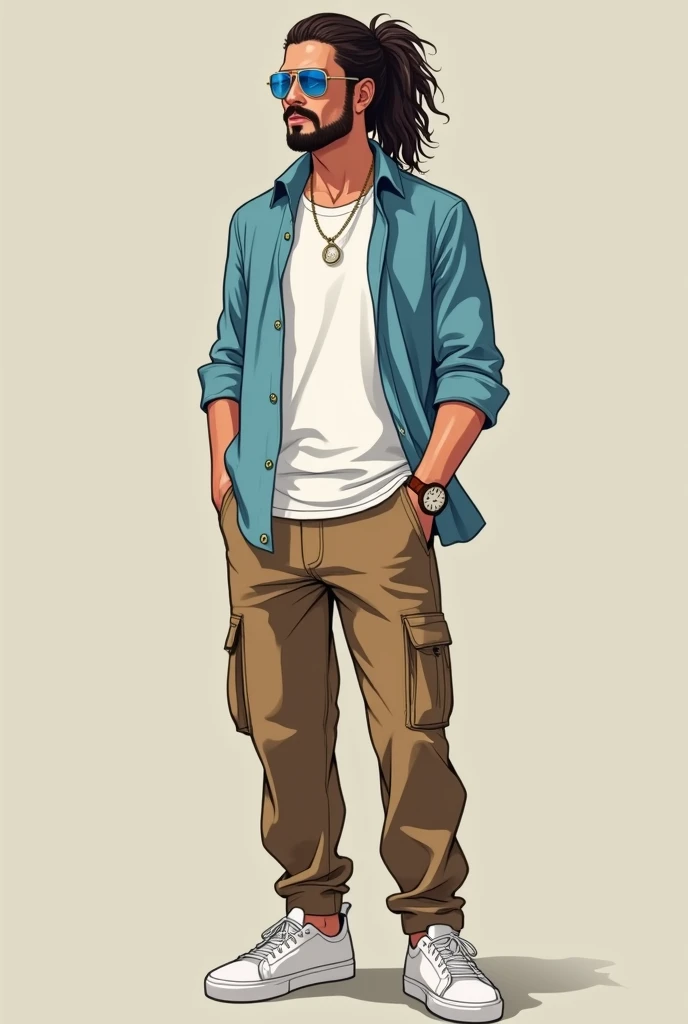 Average height ma n...wearing medium baggie light brown cargo pants and white sneakers....white t shirt and sky blue shirt above t shirt.....analog watchon left with brown leather band....long curly hair tied in samurai style hanging over the shoulders and with aviator sunglasses with blue tint one face..... Light moustache and slight hairs on the chin