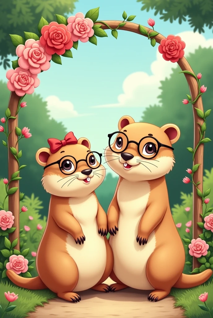 “Create a cartoon illustration of a pair of prairie dogs standing together under a flowery archway. The male prairie dog is taller, wears glasses, and is looking straight ahead. The female prairie dog is slightly smaller, wearing a bow, and is positioned sideways, but also looking straight ahead, as if they are posing for a photo. The background features lush greenery and a pathway leading through a garden. The overall mood of the image is romantic and serene.”