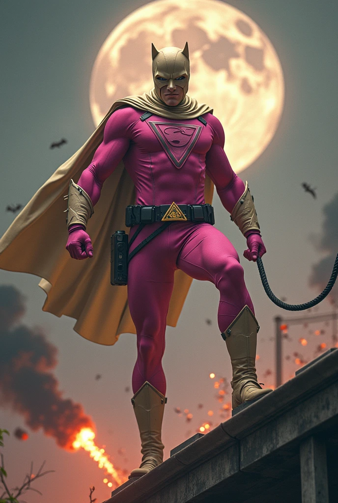 Malaysia man in high-tech suit, vivid effects, malaysian superhero (KELUANG MAN) in a striking pink and beige costume cyberpunk design, mask small mini bat ear beige, daredevil beige mask, jumpsuit dark pink stands confidently in a dramatic.jumping from high place.hero costume.one hand rise up. Big triangle logo on the chest.high detail Punisher logo on the chest. Fighting pose , stormy landscape. ((Head covered node guard like batman. Running pose , athletic body type, small mini ear bat mask))The character wears domino mask a helmet with pointed mini torn ears and a flowing cape biege, open nose and mouth. Equipped with visible futuristic weapons on a belt,bullet proof jacket pink dark day.show fingers pose, dark night, big supermoon effect . Small logo on chest triangle shape small punisher logo center(( skull triangle Casey Jones mask shape logo)) center on chest pink logo mini logo . rocky. Building top.smoke ground , bomb effect background, losse pants, losses costume.adding to --ar 3:4 --style raw --stylize 500 --v 6.1. chaos. Lot of small flying bat. One leg on the high stone. Man . Real man age 40 year old. One hand holding belt.one hand holding black rope hanging on building. Big pant pink. Beige cape joodie.(( Loose pant)) , jump on high building))