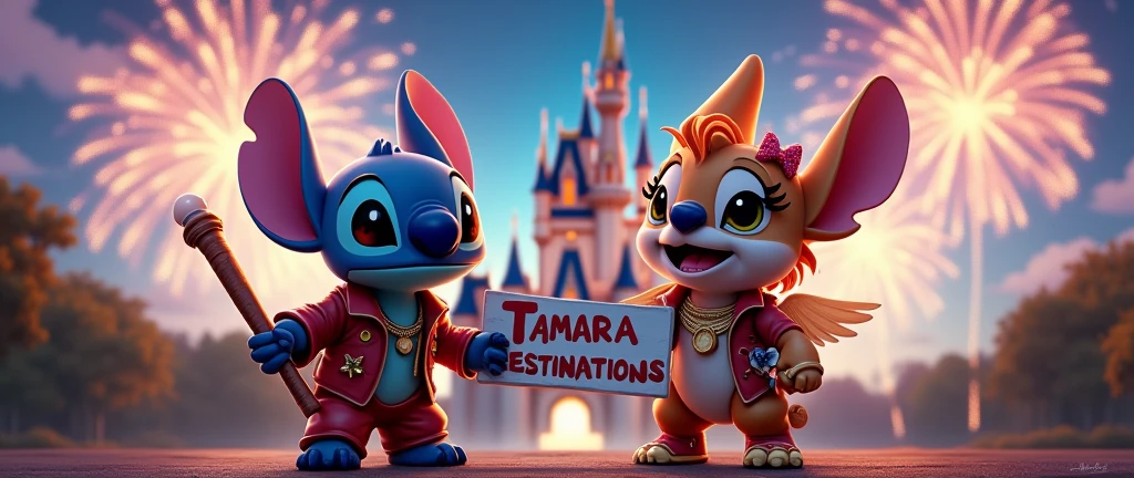 Stitch and Angel experiment 264 together wearing a stylish outfit and a sign that says Tamara Destinations. In the background the magical Disney castle, with lots of bright colors and fireworks.