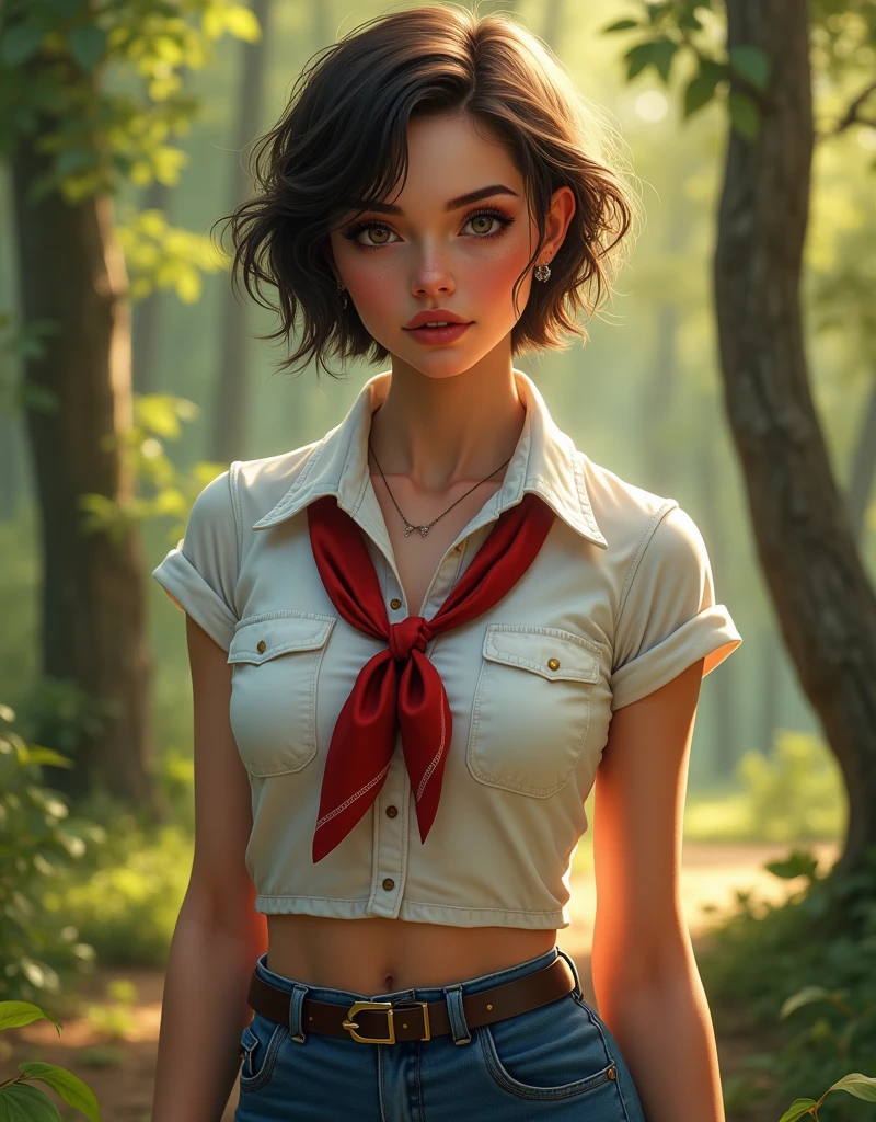detailed eyes, (full body shot:1.2), 8k, (skinny body:1.2), curvy, (hands behind her back:1.2), seductive pose, looking at viewer, 8k vector photography, young teen, beautiful eyes, realistic lighting, detailed outfit, realistic facial features, hyper detail, (perfect angle, focus on face hips and breastegane), (very short hair:1.3), short disheveled hair, ahoge, huge chest, pioneer neckerchief, micro blue tight skirt, bangs, shirt, collarbone, very tight white shirt, short sleeves, collared shirt, belt, eyelashes, red neckerchief, breast pocket, face, realistic eyes, better face, summer morning forest