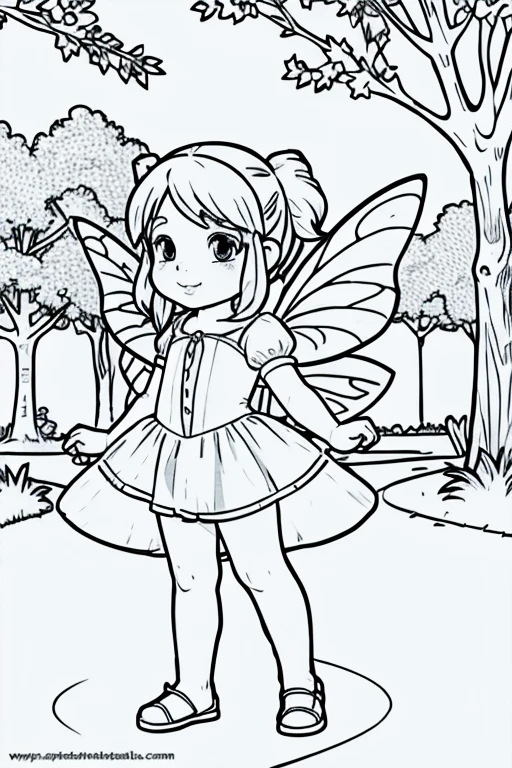 cute fairy, Coloring page, clear simple lines, Trees, lights