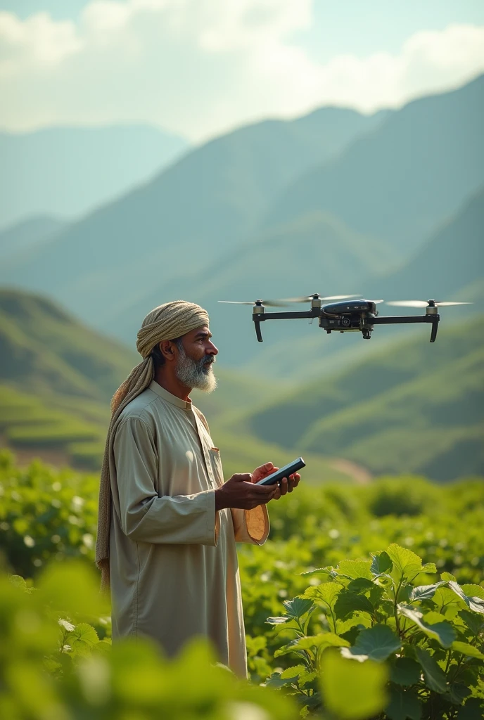 A pakistani farmer flying a drone 