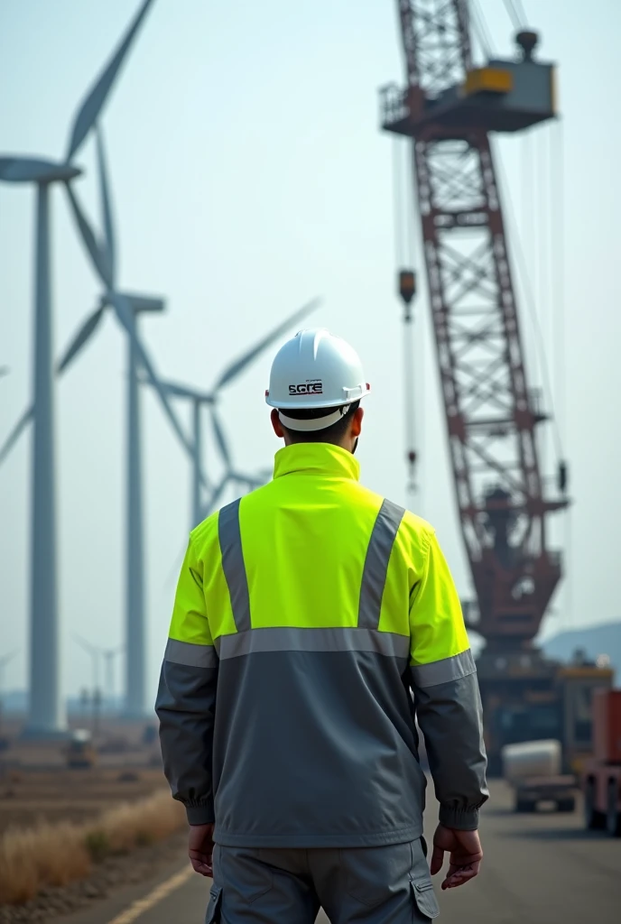 Guy standing showing his back, infront of windturbines and long boom crane, and wearing neon and grey working cloths and white helmet with mention logo named SGRE