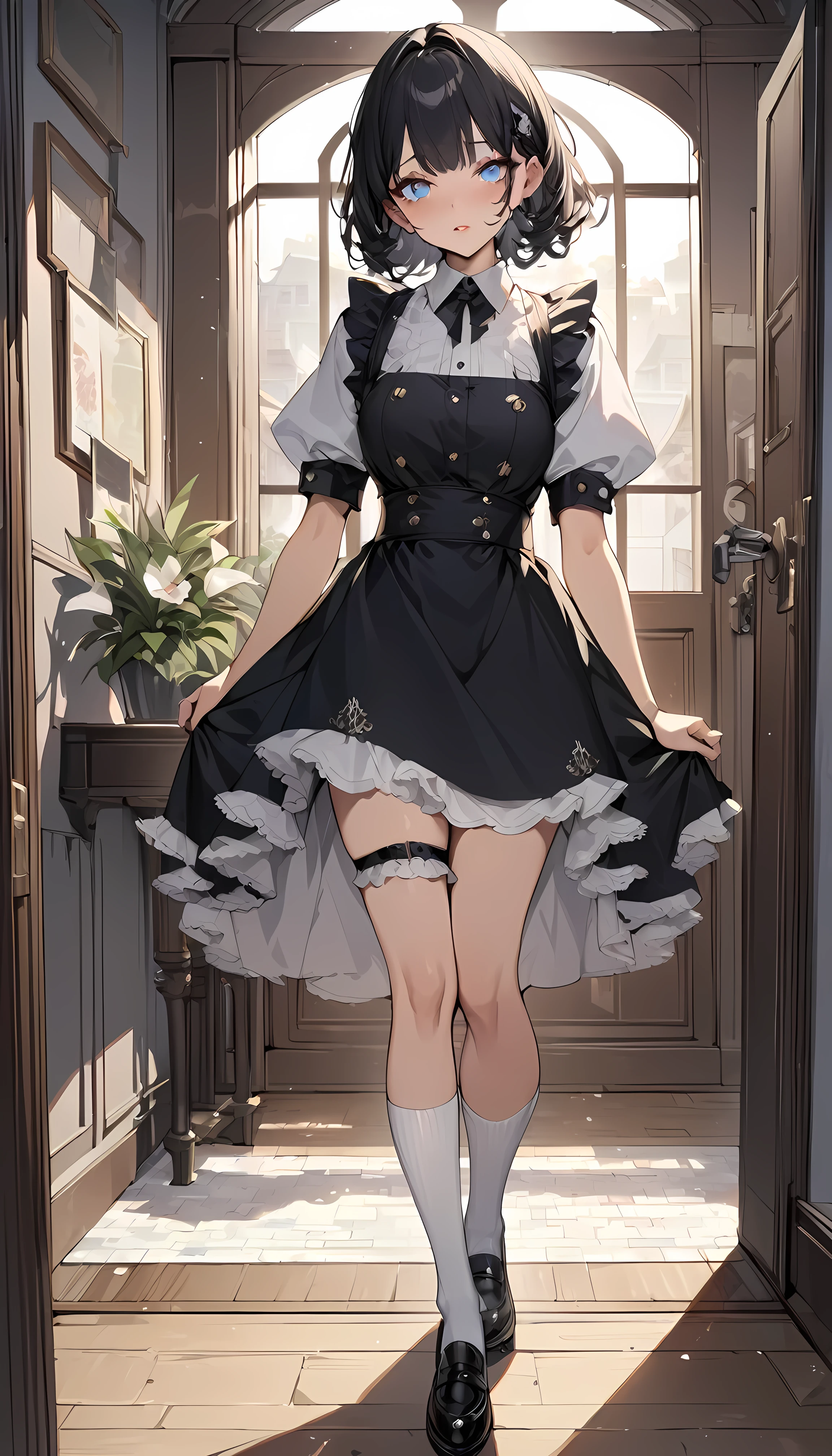 (Surreal)、(High resolution)、(8k)、(Very detailed)、(Best illustrations)、(Beautiful and detailed eyes)、Highest quality:1.5,maid,Leg Up Socks,Absolute area,Natural Lip,entrance,will welcome you,Bob Hair