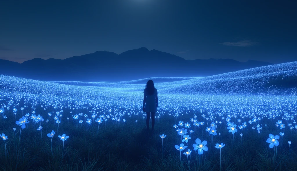 A bioluminescent flower field with a lone figure walking through, their silhouette bathed in the flowers’ gentle light