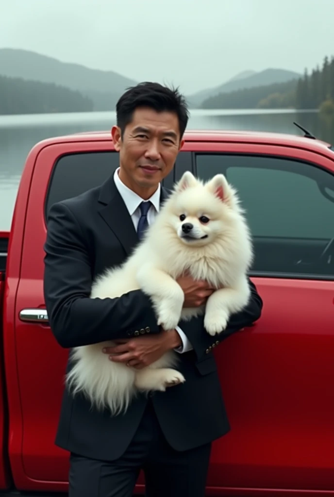 Man dressed in black suit with albino Pekingese dog in his arms in red Hilux truck with lake landscape background