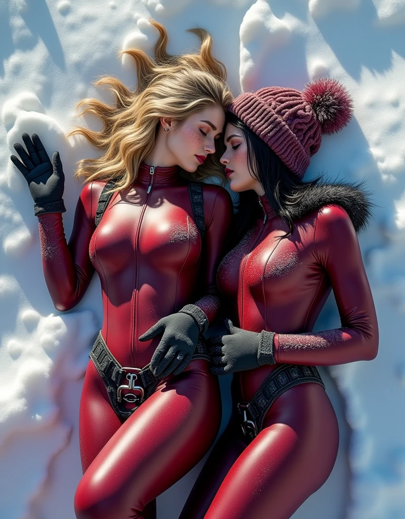 (highly detailed) Hot young tennage girl is wearing dark matte cherry winter latex suit with black elements suit is covered in snow that reflect the light of the sun she has blond wavy hair freckles and her ass is bigger her brest is big HD real photo 8K she is fit her waist is slim she is looking very young her brest is very big she wears black latex gloves with fur she curves her ass on her waist is belt she is covered in snow her hair is covered in snow she wears dark cherry hat with a pompom made o fur winter she has a hoodie with fur she also wears tight dark cherry and climbing harness around her ass she is wearin boots witu fur
her face is looking very young and thin snow is lying on every part of her suit.
Snow is on her ass and brest she is looking young and happy she is having sex lying on the snow with woman looking the same as she apart from hair color other woman has dark hair