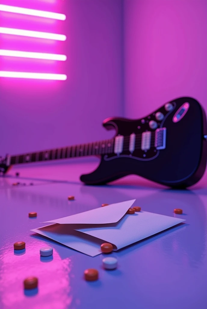 An envelope with a letter on a white floor along with an electric guitar and orange medicine pills lying on the side with purple neon lighting