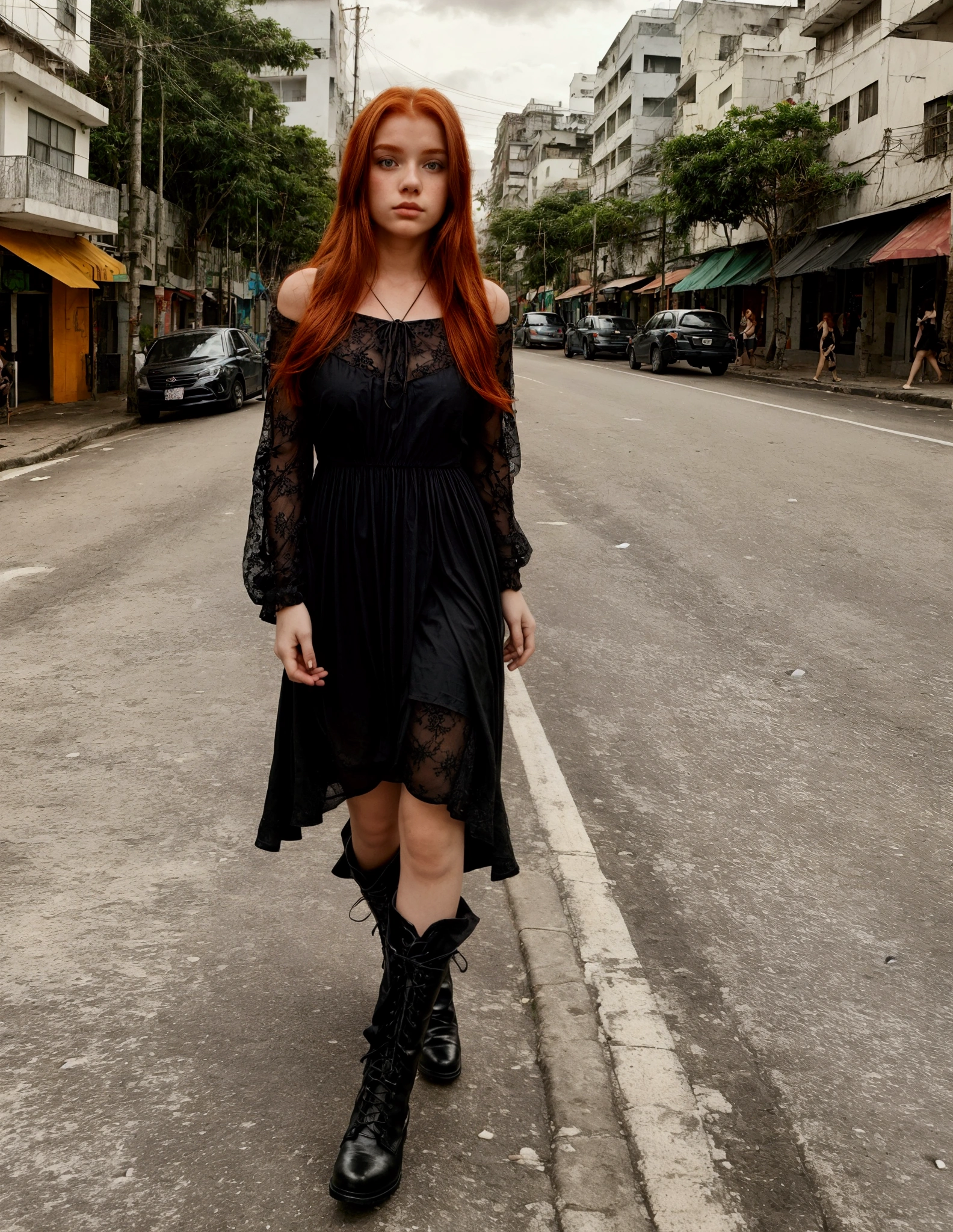 20 year old redhead girl on a busy street in Rio de Janeiro wearing a black dress and boots 