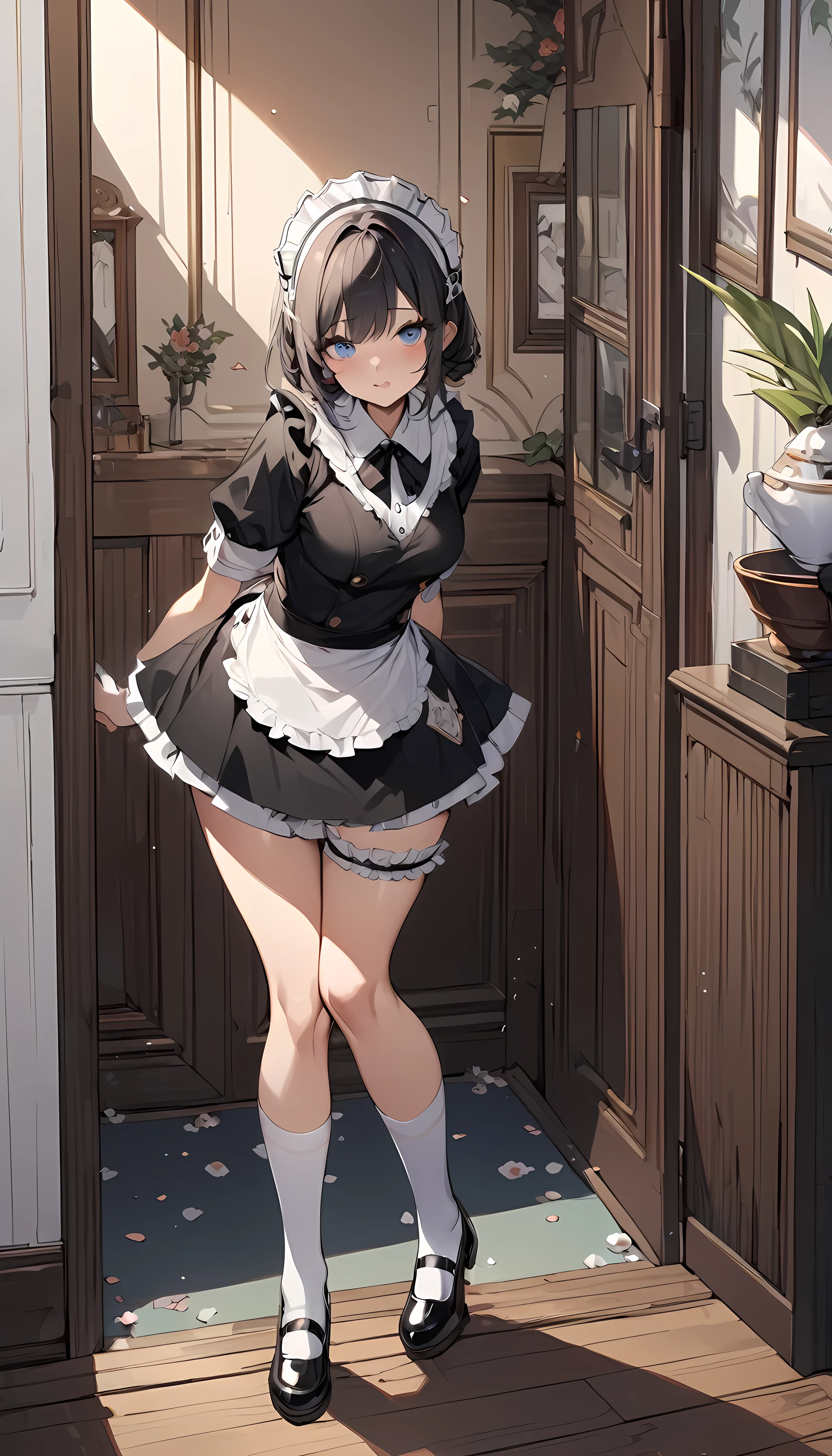 (Surreal)、(High resolution)、(8k)、(Very detailed)、(Best illustrations)、(Beautiful and detailed eyes)、Highest quality:1.5,maid,Leg Up Socks,Absolute area,Natural Lip,entrance,will welcome you,Bob Hair