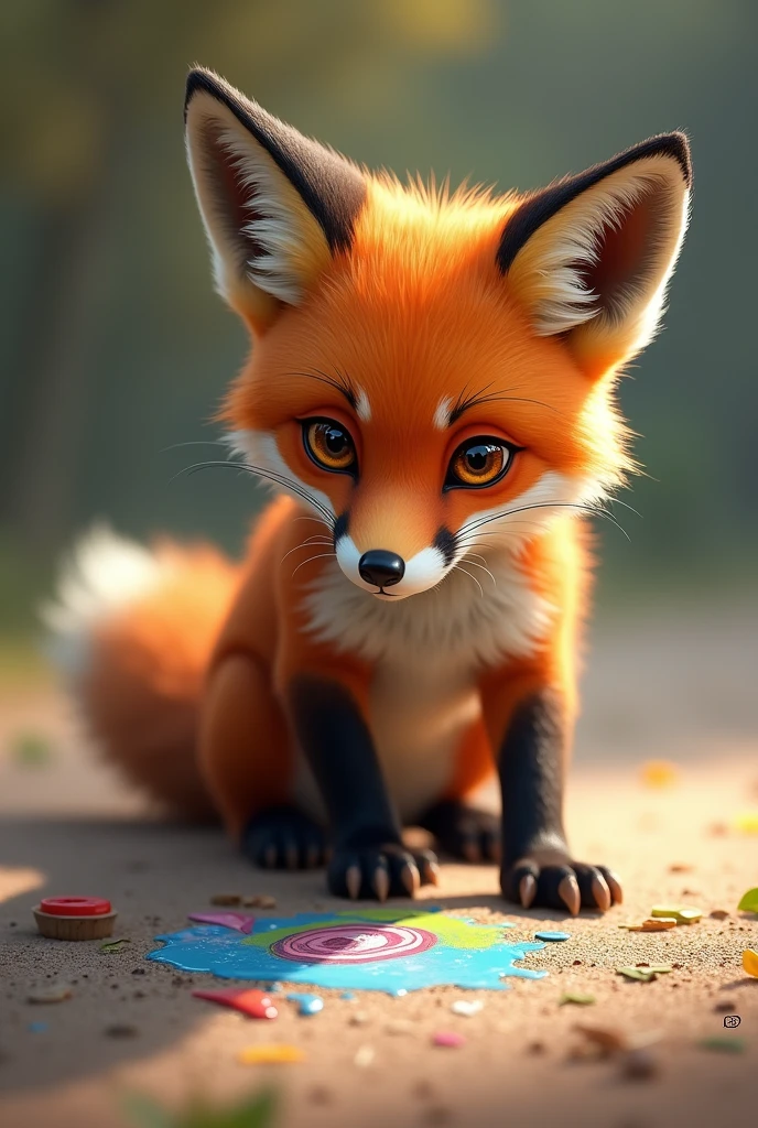 A male young fox with brown eyes paints a picture on the ground, without background