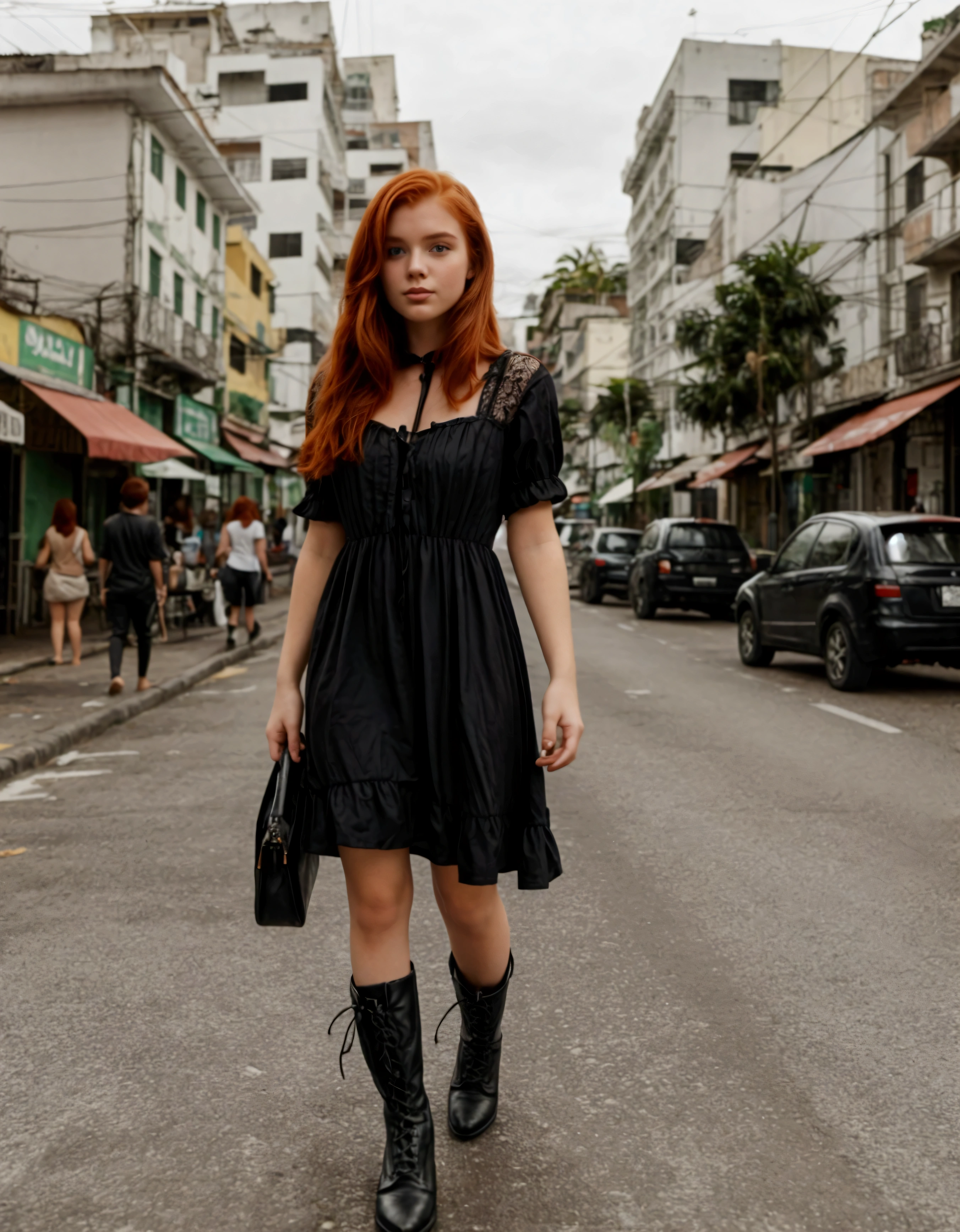 20 year old redhead girl on a busy street in Rio de Janeiro wearing a black dress and boots