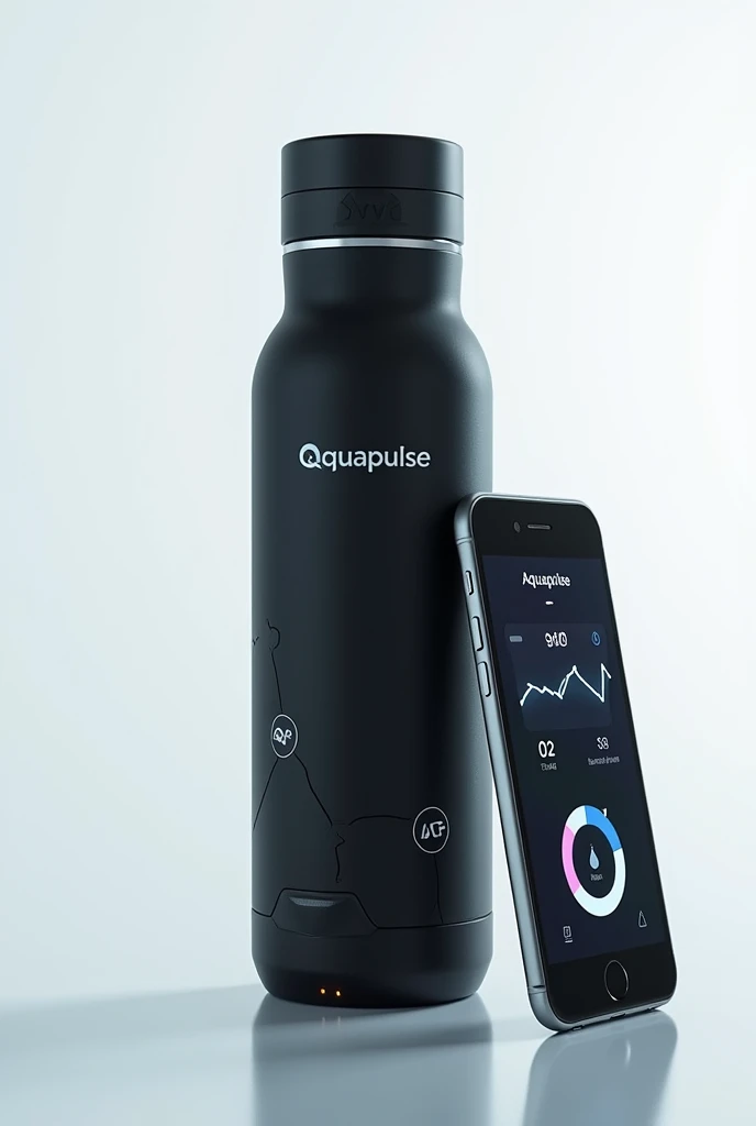 Creates a dark-toned bottle, This bottle must have “Aquapulse” written on it, Aqua pulse is a smart bottle that has a Bluetooth monitoring system to send reports to your smartphone, alerting you to reach your daily water intake goal., in addition to having high technology, It monitors and sends notifications alerting you to drink water, create this image with a smartphone next to it. Aquapulse name legible and black color on the bottle with white background of the image Be more technological in the bottle, the idea is for her to be smart, and the cell phone with the open bottle app, The bottle must have monitoring sensors 