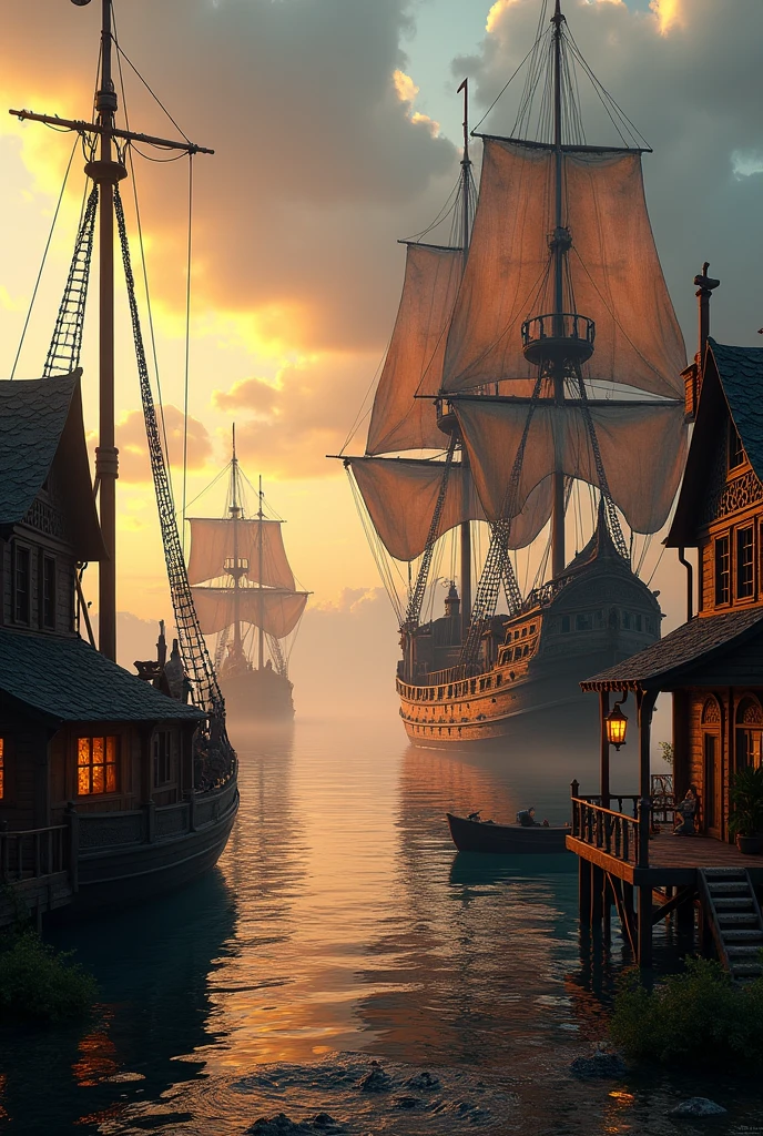 {fishing village, magical realism, hyper-realistic environment, accents of piracy, magnificent old pirate ships in the port, rustic wooden houses with intricate carvings, cobblestone streets leading to the harbor, golden hour lighting, 4K resolution, ultra-realistic textures, detailed reflections on water, dramatic clouds in the sky, wind gently rustling flags, ships with weathered sails, calm sea, misty horizon, immersive atmosphere, intricate details inspired by high fashion, warm glowing lanterns, cinematic quality}