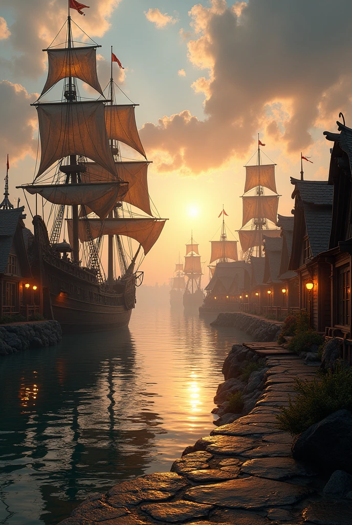 {fishing village, magical realism, hyper-realistic environment, accents of piracy, magnificent old pirate ships in the port, rustic wooden houses with intricate carvings, cobblestone streets leading to the harbor, golden hour lighting, 4K resolution, ultra-realistic textures, detailed reflections on water, dramatic clouds in the sky, wind gently rustling flags, ships with weathered sails, calm sea, misty horizon, immersive atmosphere, intricate details inspired by high fashion, warm glowing lanterns, cinematic quality}