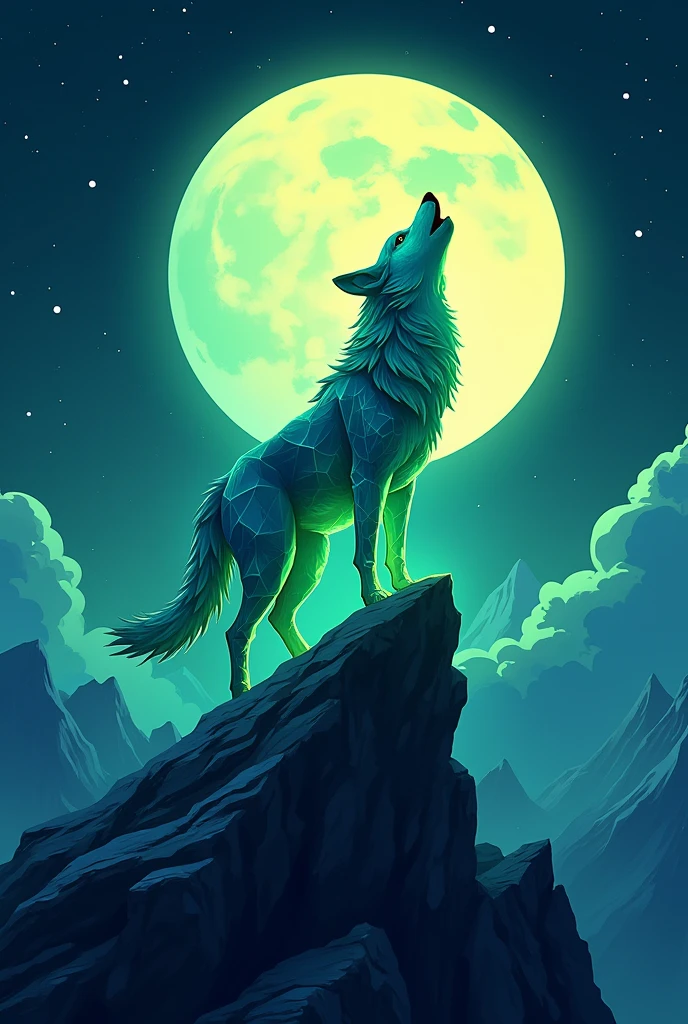 alpha colourful cartoon wolf howling on mountain logo, full moon night, green as primary colour, crystalline wolf, side view, wolf in middle of moon, aesthetic, wide shot, cinematic lighting, ultra wide angle, moonlight, starry sky, animation style