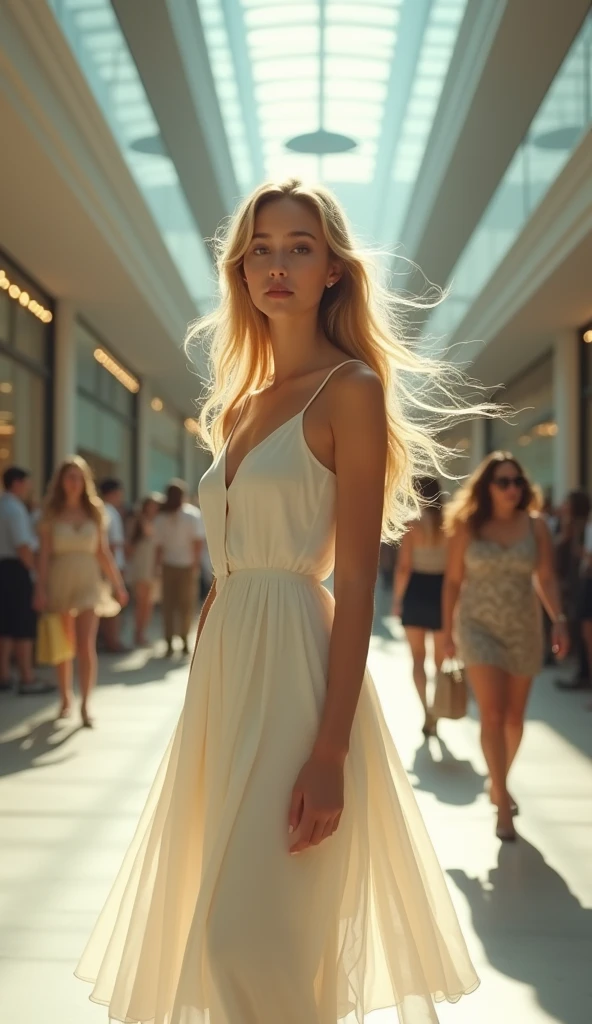  a young woman with yellow hair and white sleeveless dress at a shopping mall, cinematic, masterpiece, high-aesthetic, realistic 