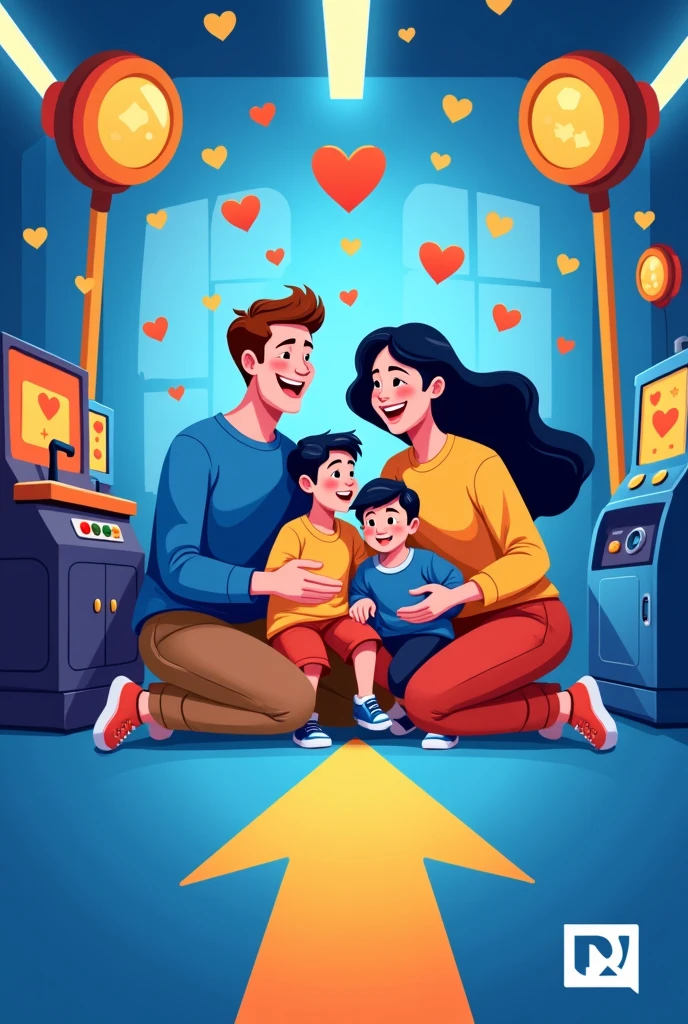 The artwork will have a vibrant blue background., orange and yellow. At the center, an illustration of a united family playing together, with game elements as controls, tokens and machines around, highlighting the game room environment. Heart icons will represent gratitude around the family. Na parte inferior, a stylized image of the Dream Play entrance, with arrows or a road, will suggest the invitation to visit. The logo will be in the bottom right corner, highlighted in white for visibility.