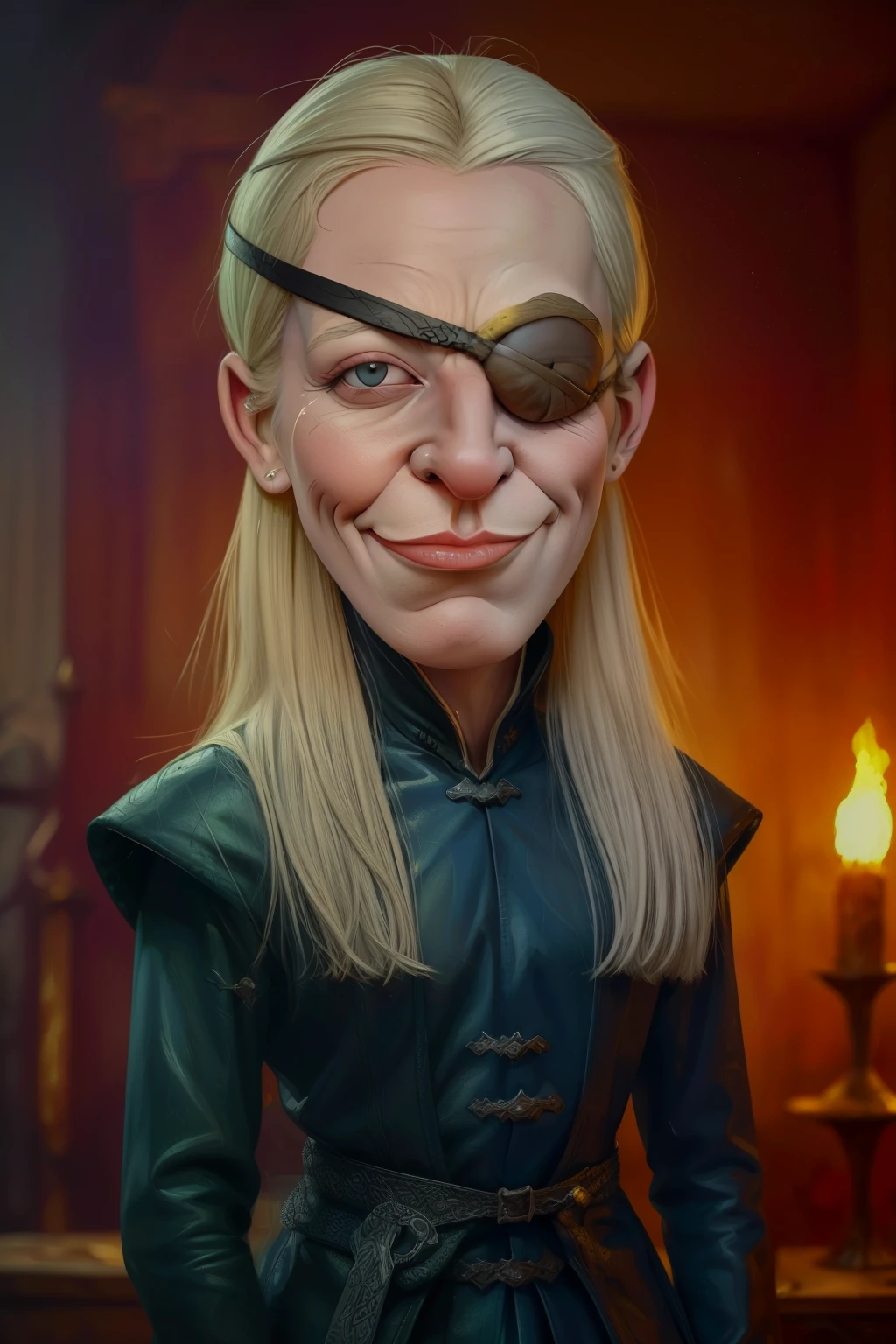 (((caricature style: 1.5))), exaggerated features, bold lines, vibrant colors, digital painting, cartoonish, big head, long neck,  ((Aemond Targaryen caricature, a Man, male:1.4, exaggerated features, silver hair, intense purple eyes)) ,  (((Wearing a black eye patch over his left eye))), determined expression, dragon scales subtly integrated into her clothing, sitting on an iron throne made of dragon bones, background of a burning city, dramatic lighting, digital painting, cartoonish, bold lines, vibrant colors, high contrast, sharp details, fantasy elements, medieval atmosphere, epic and powerful, (masterpiece: 2), best quality, ultra highres, original, extremely detailed, perfect lighting
