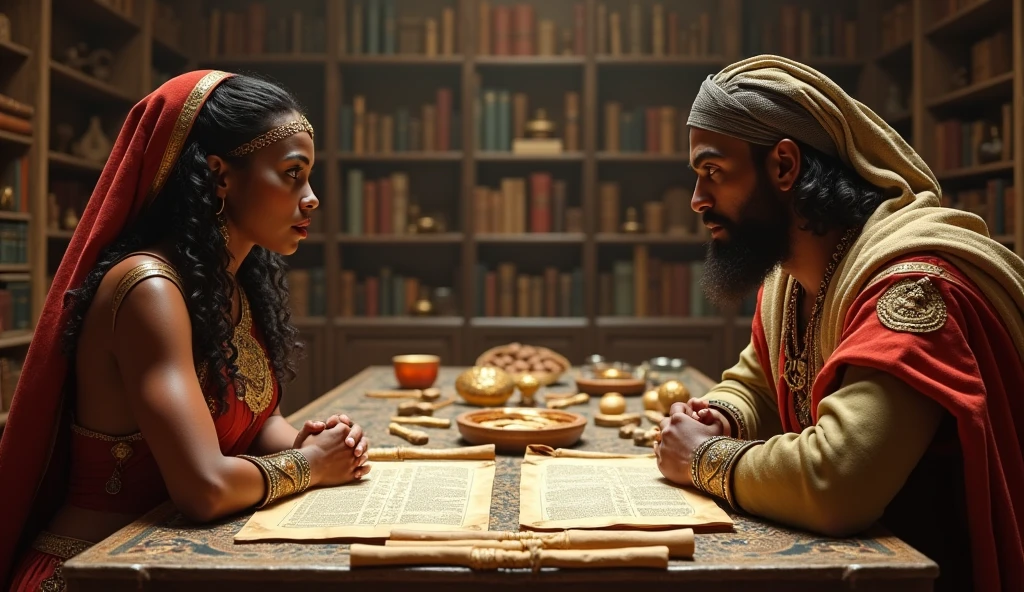 A close-up of the Queen of Saba and King Solomon engaged in an intense intellectual exchange. They sit across from each other at a large, ornate table covered with ancient scrolls and texts. Their expressions are serious and focused, reflecting their deep concentration. The background shows shelves filled with more scrolls, books, and artifacts, emphasizing the importance of knowledge in their encounter.