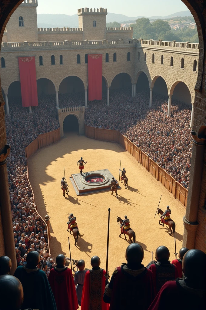 Create a medieval tournament in an arena with a real platform, at an angle seen from above 
