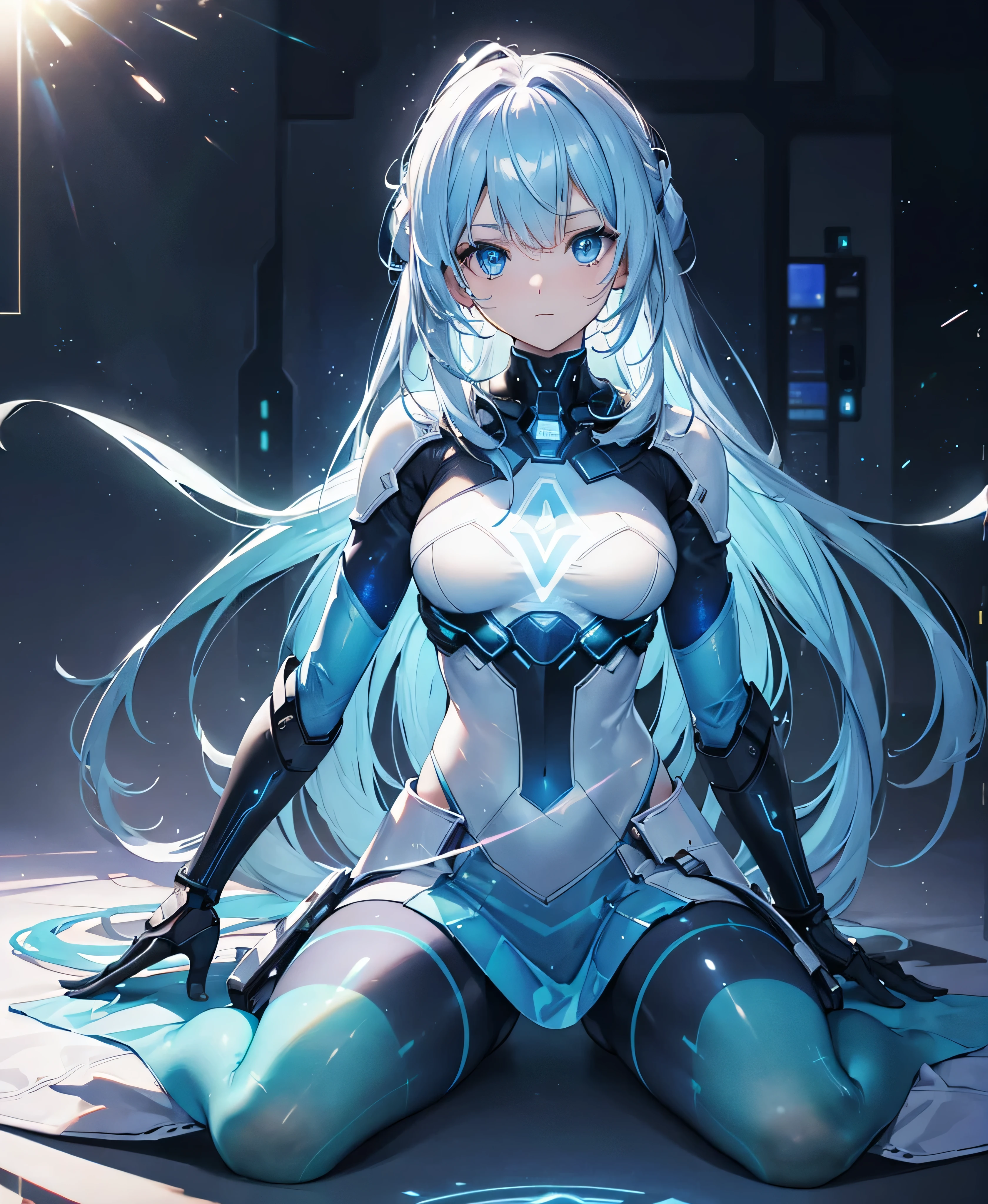 ((Holographic glow effect)),8k, Highest quality, (real:1.4), Original photo, 1 person, Asari Hair, Biological Amplifier, refined armor, posture: Peace talks between warring factions, smart blue eyes,whole body