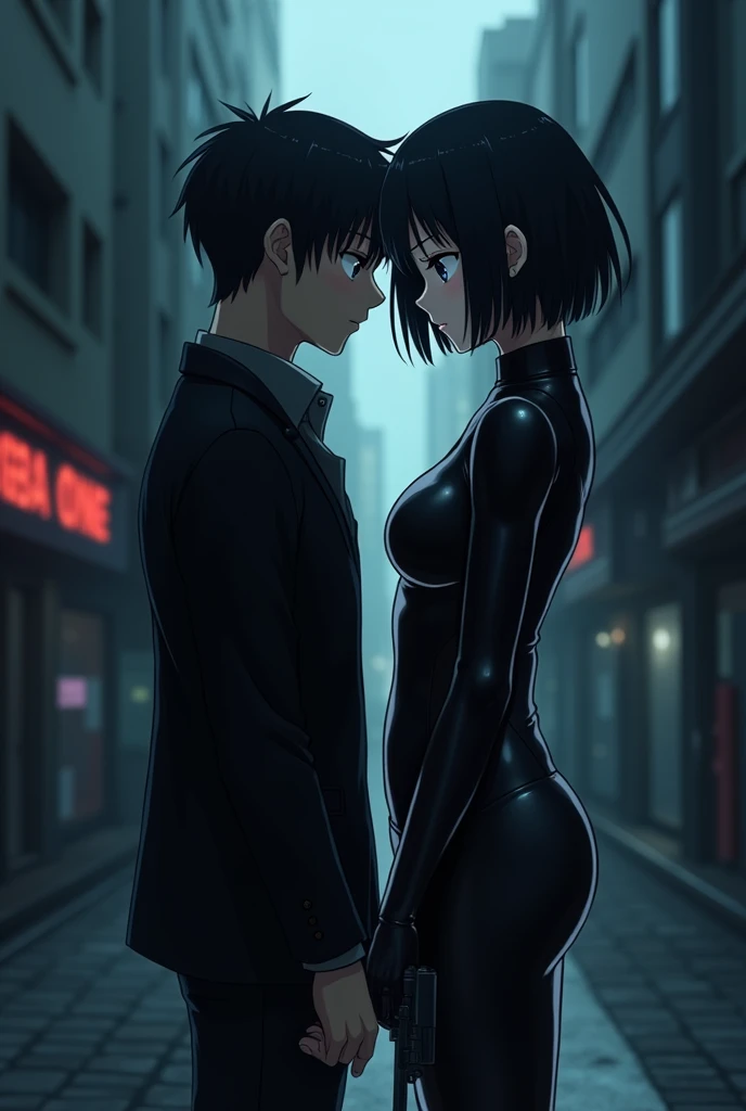The image is anime style with shadows and dim lights, anime style although somewhat adult and dark, It shows a female android with short black hair and a latex suit and one blue eye and the other brown., approaching a man who is standing with his back turned holding a gun pointed at his own head. The man is pointing the gun at himself, as if he were going to commit suicide. The stage is a street.