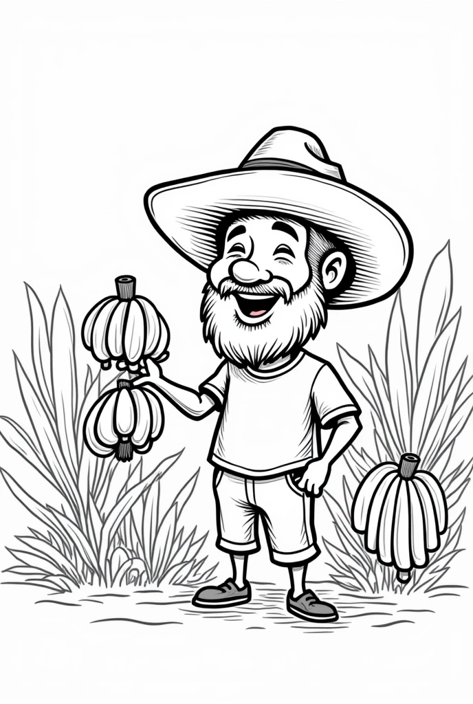 Easy black and white drawing to draw, not so realistic of a happy man with beard and hat on a banana plantation .
Place the man looking at the bananas hanging from the bushes