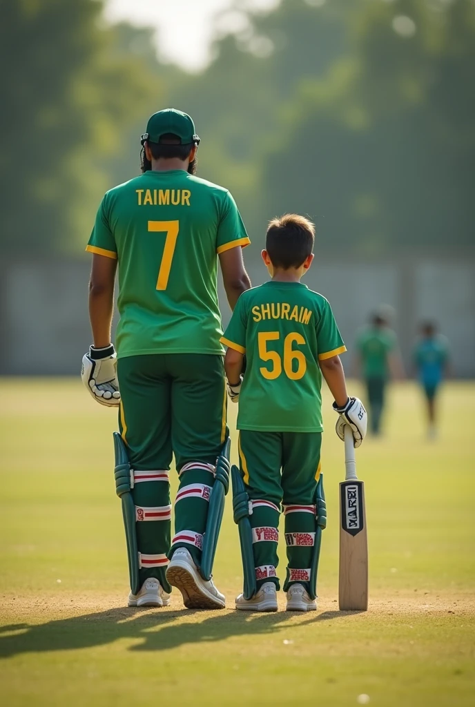 5year old nephew in green t-shirts with 21year old uncle with beard in a cricket going to batting against India the nephew name on t-shirts is SHURAIM back side and t-shirts number is 56 and the uncle name on t-shirts is TAIMUR and t-shirts number is 7 back side