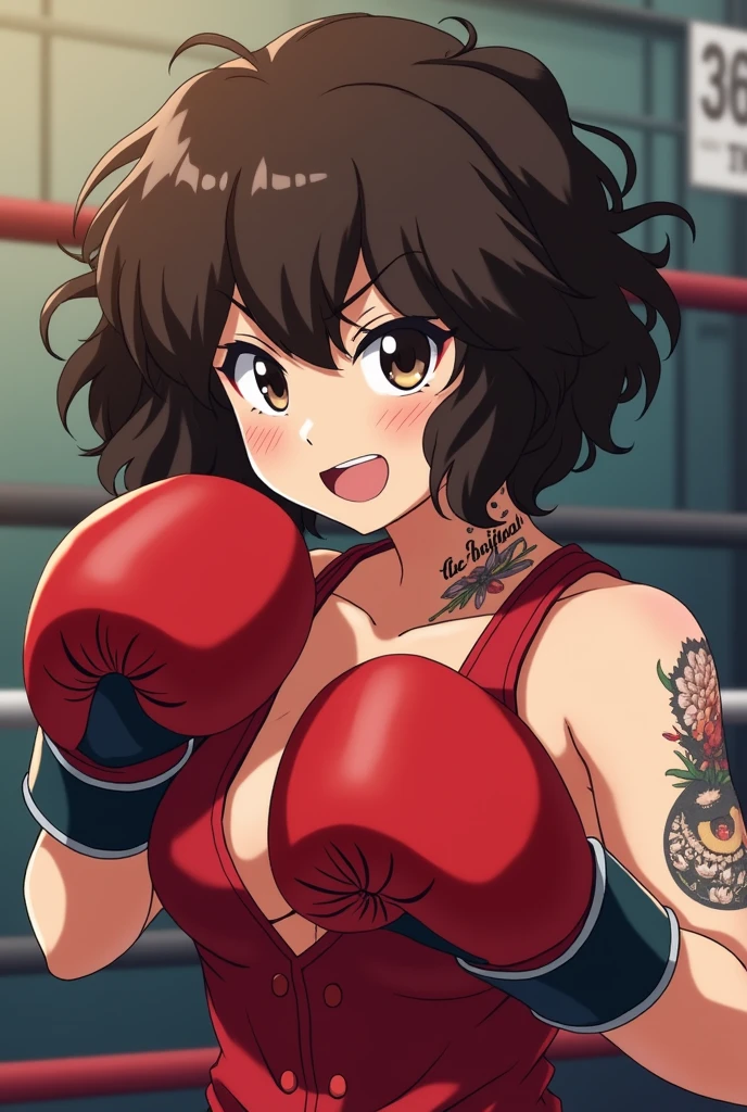 female anime character with very curly hair 3C curl and short with curly bangs, dark brown eyes and tattoo in the middle of the neck, another with a phrase on the collarbone, and other small tattoos on the arms, female boxer doing guard with red competition outfit in hajime no ippo style