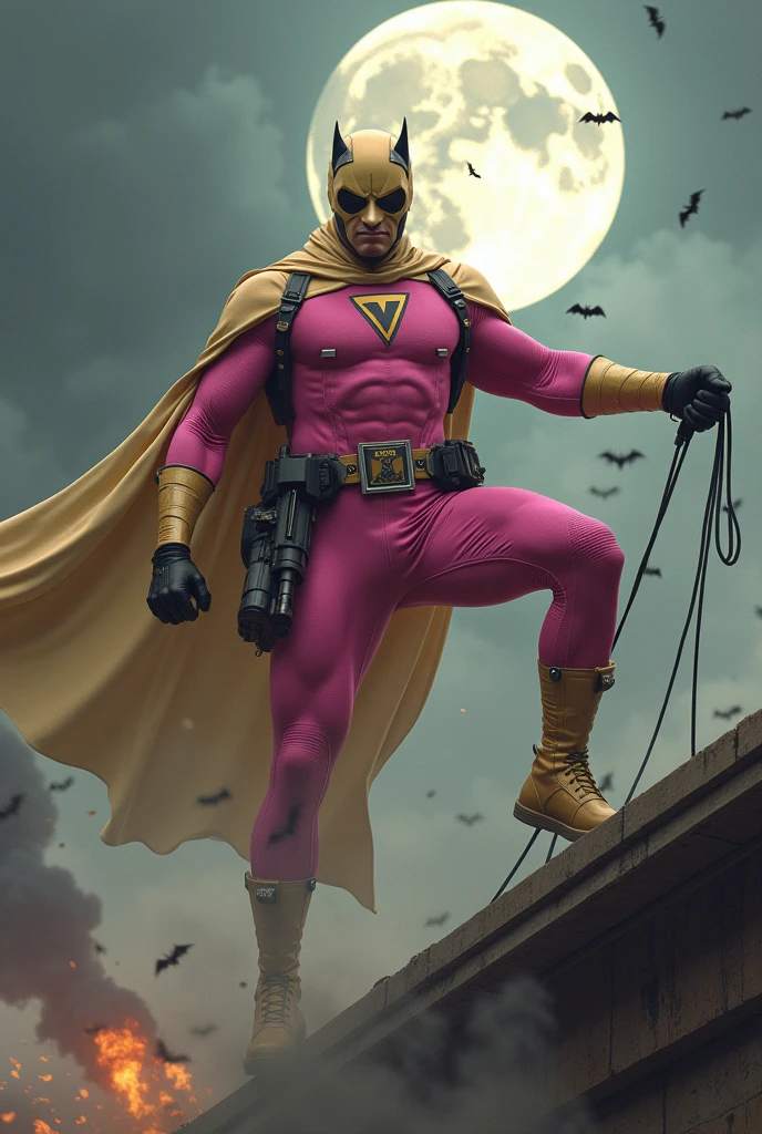 Malaysia man in high-tech suit, vivid effects, malaysian superhero (KELUANG MAN) in a striking pink and beige costume cyberpunk design, mask small mini bat ear beige, daredevil beige mask, jumpsuit dark pink stands confidently in a dramatic.jumping from high place.hero costume.one hand rise up. Big triangle logo on the chest.high detail Punisher logo on the chest. Fighting pose , stormy landscape. ((Head covered node guard like batman. Running pose , athletic body type, small mini ear bat mask))The character wears domino mask a helmet with pointed mini torn ears and a flowing cape biege, open nose and mouth. Equipped with visible futuristic weapons on a belt,bullet proof jacket pink dark day.show fingers pose, dark night, big supermoon effect . Small logo on chest triangle shape small punisher logo center(( skull triangle Casey Jones mask shape logo)) center on chest pink logo mini logo . rocky. Building top.smoke ground , bomb effect background, losse pants, losses costume.adding to --ar 3:4 --style raw --stylize 500 --v 6.1. chaos. Lot of small flying bat. One leg on the high stone. Man . Real man age 40 year old. One hand holding belt.one hand holding black rope hanging on building. Big pant pink. Beige cape joodie.(( Loose pant)) , jump on high building))