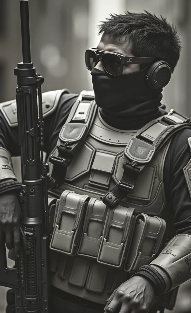 man in a black and white photo with a gun, wearing tactical gear, airsoft cqb, holding pdw, dressed in tactical armor, heavily armed, french special ops, wearing techwear and armor, combat gear, future combat gear, modern military gear, tactical gear, ready for combat, shoulder mounted gun, profile shot, military gear, black tactical gear
Preparing