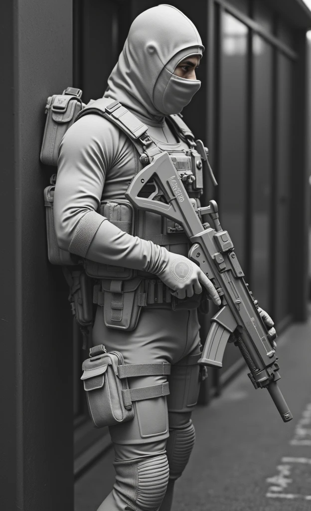 man in a black and white photo with a gun, wearing tactical gear, airsoft cqb, holding pdw, dressed in tactical armor, heavily armed, french special ops, wearing techwear and armor, combat gear, future combat gear, modern military gear, tactical gear, ready for combat, shoulder mounted gun, profile shot, military gear, black tactical gear
Preparing