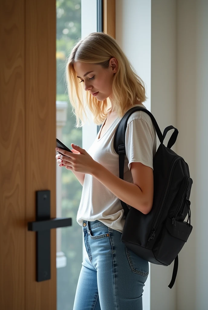 blonde white woman closing a door looking at phone with a backpack