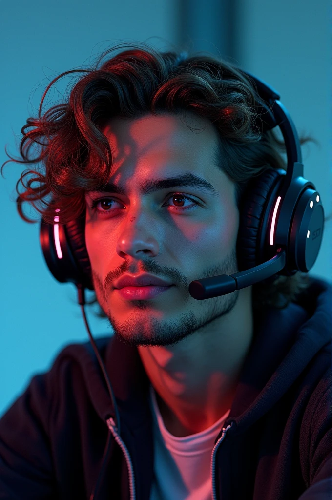 Man with long curly hair,of gamer headphones