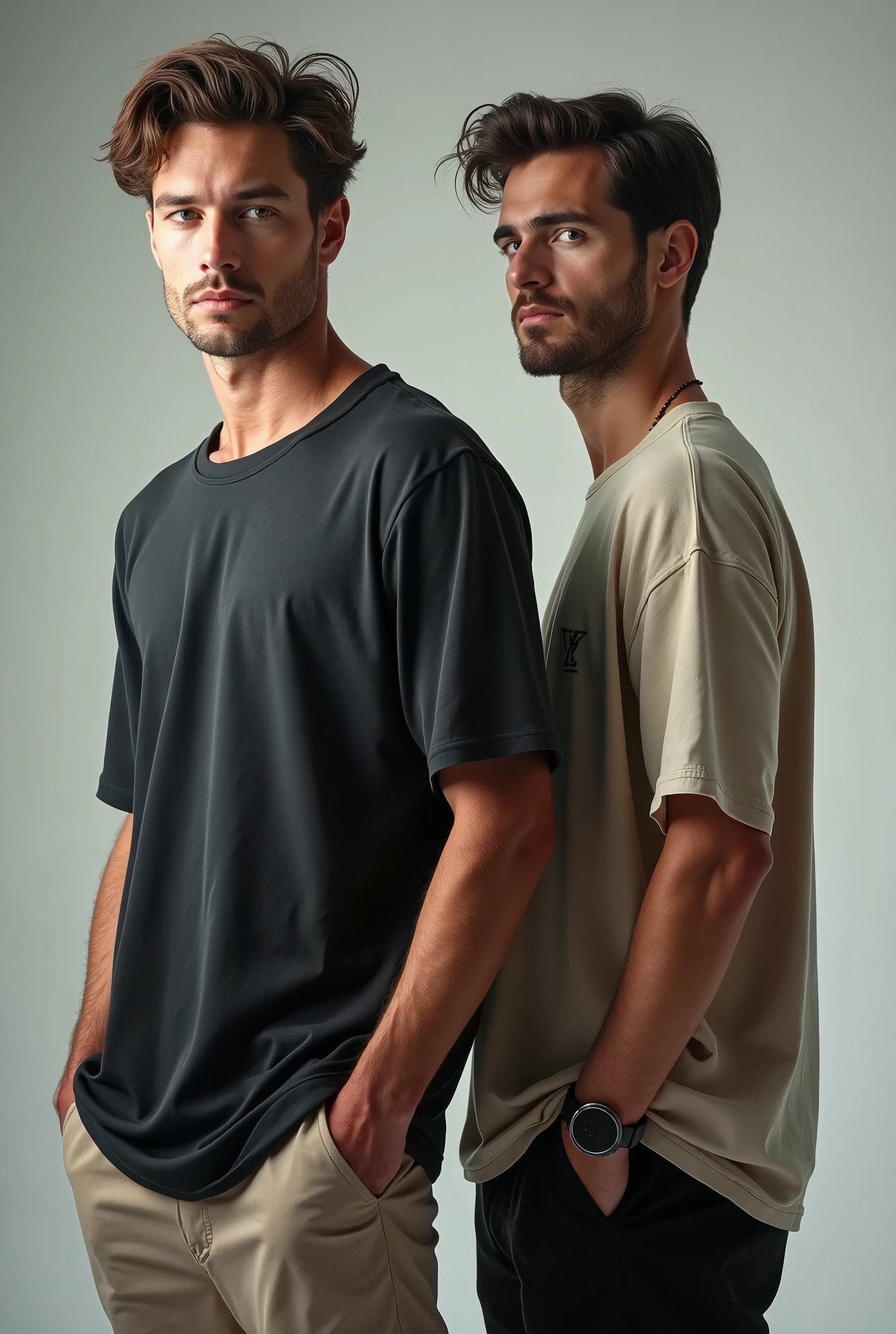 give me a picture of 2 or 3 male models in one picture with wearing oversize t-shirt and wearning formals paint and photoshoot in studio and picture size is 16:9 for youtube thumnails size 
