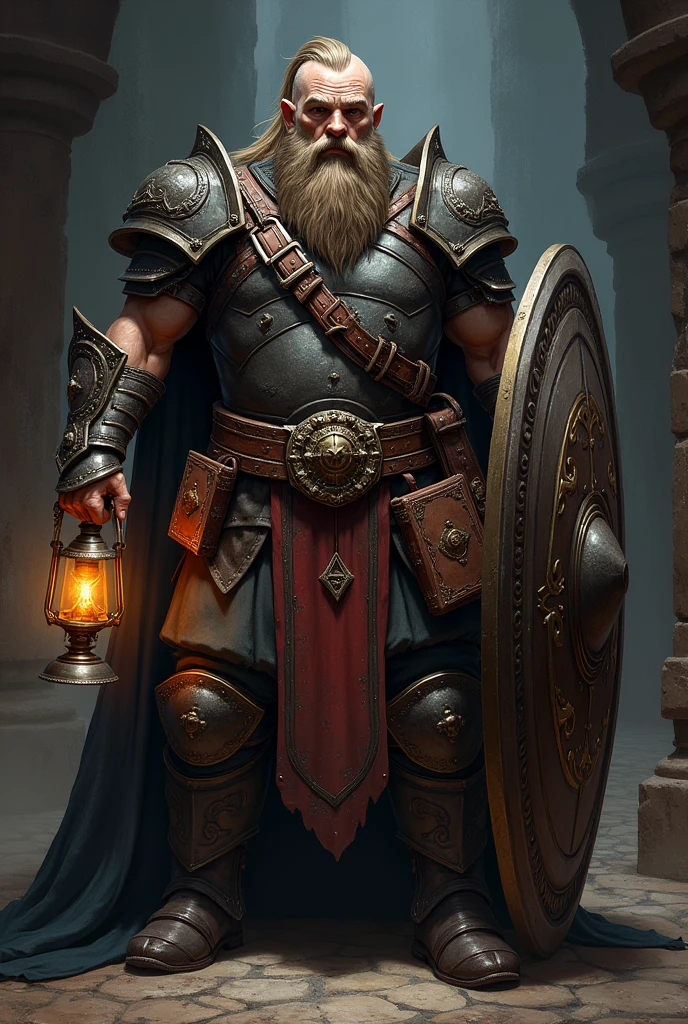 A dark fantasy dwarf wearing full armour, fit man, with a long beard, holding a lantern in one hand and a large shield with the other, an ancient spell book tied to his belt