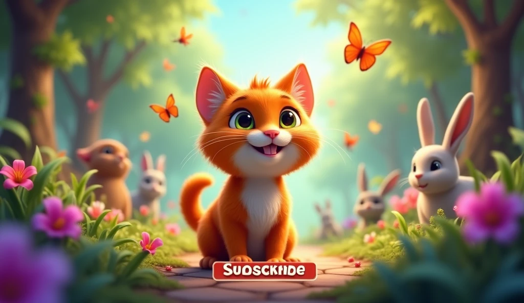Create an engaging YouTube video thumbnail featuring a playful and inviting scene to encourage viewers to subscribe. The image should showcase Whiskers, the curious cat, with a big smile, standing next to a colorful 'Subscribe' button. Surround Whiskers with vibrant elements from his adventure, such as magical forest scenery, butterflies, and friendly animals. Include cheerful, eye-catching text that reads: 'Hit that subscribe button and join the Monkey Shack family for more fun stories and exciting journeys!' Use bright, warm colors and fun fonts to make the thumbnail appealing and encourage viewers to click and subscribe.