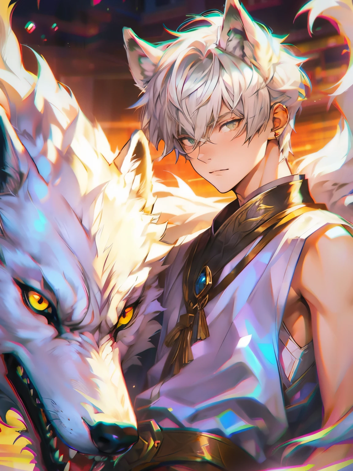 Golden pupils，White-haired boy with wolf ears，High-quality anime character restoration