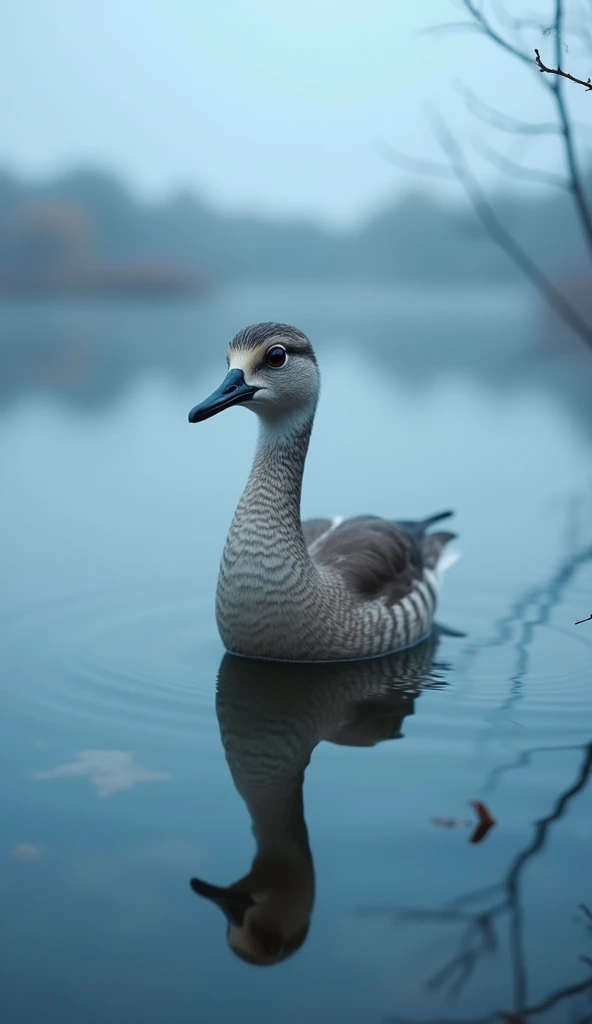Photograph of a blue landscape in Lithuania at the water's edge, a bird looking directly into the camera with detailed texture and reflection in the lake, a macro shot in the style of Canon EOS.