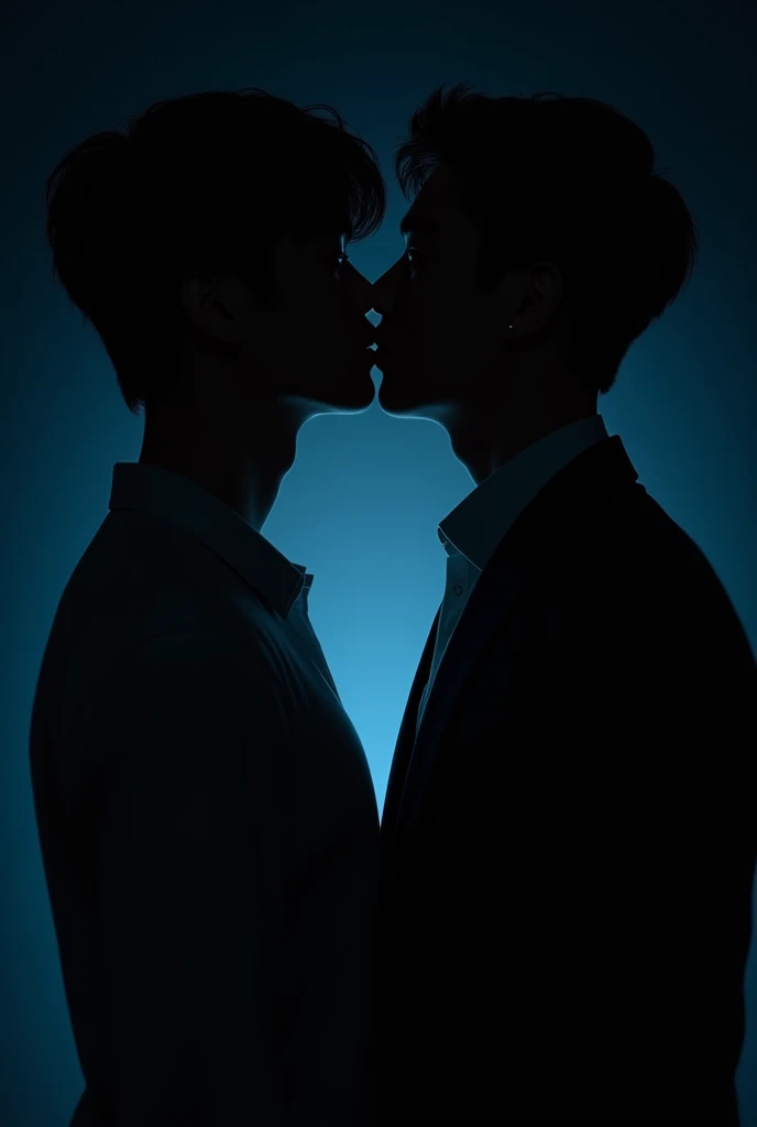 eux tu faire deux hommes en train de se regarder mantiquement de vue de dos dans le noir ou on voit ste les silouhettes. Je veux qu'on voit que leurs ombre Je veut qu'on voit que leurs silhouette. I don't want us to see their faces. An image or that the face has seen not the body. Bring their faces closer together. Deux ommes apparence coreen. Je veux que l'image ssemble à la couverture de l'album de taeyeon to x. a man with fuller lips and a face. Un homme avec un air innocent, visage rond et livre pulpeuse et l’autre un homme d’affaire avec sa silhouette dans le noir complet avec une lumière bleu sombre ambiance avec une apparence reel. Un homme apparence d’origine filipin Grosse levreet l’autre coréen mais qui ne s’embrasse pas mais presque. In a black wall behind with a bowl cut a young fringe without a beard